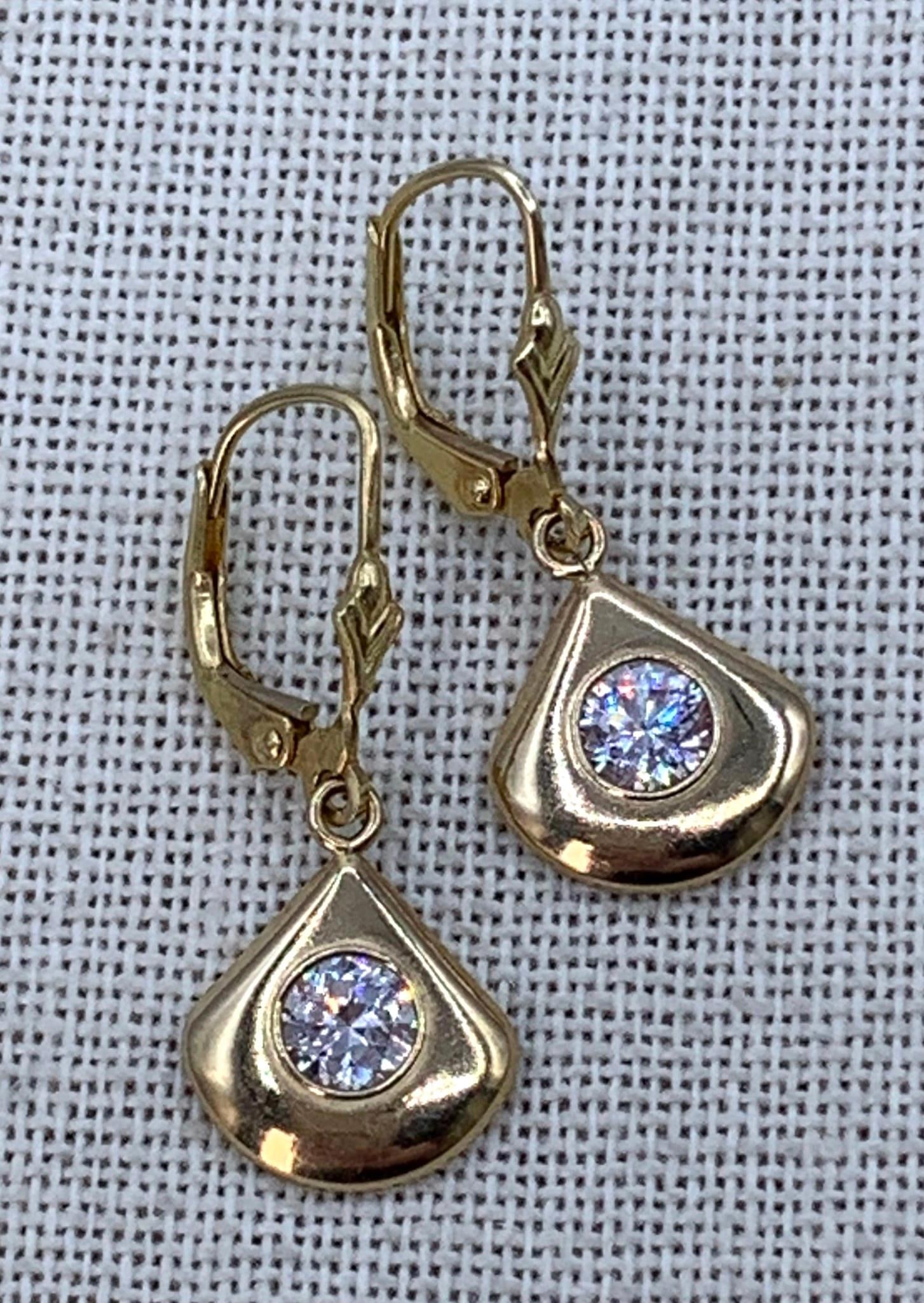 Quiet Luxury 14k Yellow Gold Convex Fan Shaped CZ Solitaire Lever Back Dangle Earrings: 14k hallmark, 1 1/4" length, 2.1 gram weight (Combined), approx. 4.5mm bezel set CZ gem with Gorgeous Sparkle! 