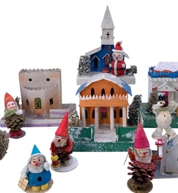 13 pc Mid Century JAPAN Retro PUTZ Under Tree Village Houses & Elf, Gnome, Santa, Snowmen Characters