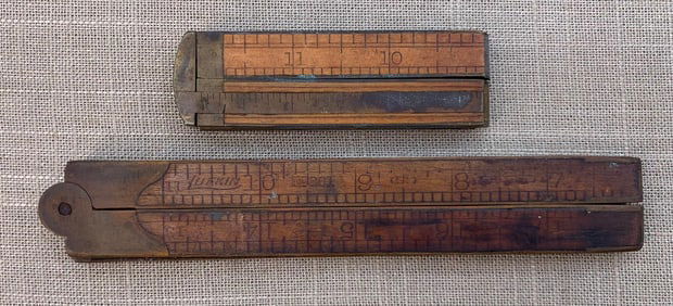 12 inch & 24 inch LUFKIN Antique Wood & Brass Hinged 4 Fold Measuring Rules
