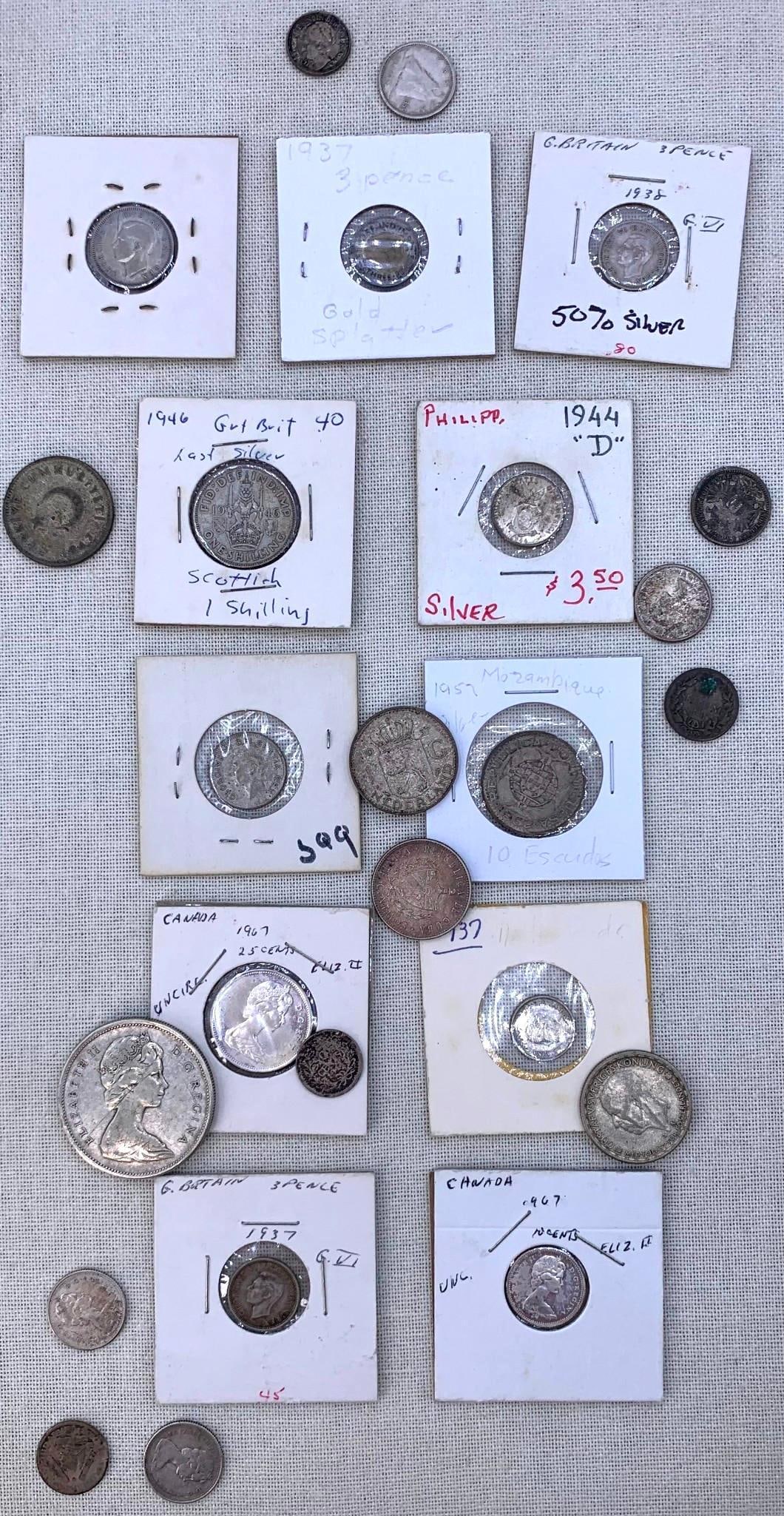 25 Antique to Vintage SILVER Foreign Coins: Wide range of eras, denominations and countries, some in coin sleeves as shown.