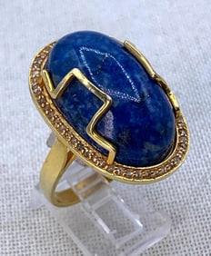 Superb 39.15 CARAT Lapis Lazuli Cabochon & Diamond 925 Statement Ring with Appraisal