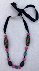 Antique Egyptian Frog, Scarab, Protection Totem Amulet, Painted Wood & Rose Glass Bead Necklace