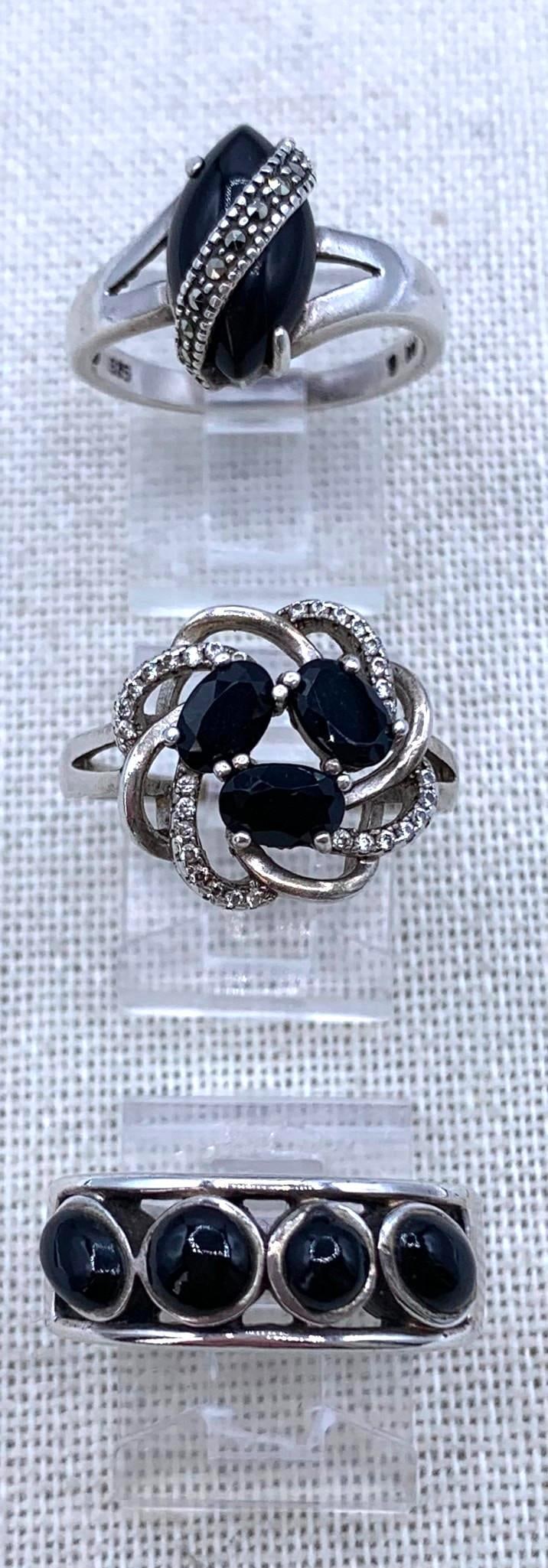 Trio Sterling Silver Onyx, Petite Diamond & Marcasite Vintage 925 Rings: .