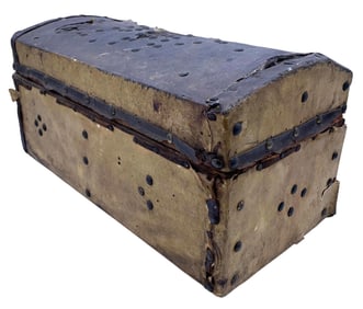 Miniature Antique Hide Covered Dome Top Document Box, Early Studded Trunk