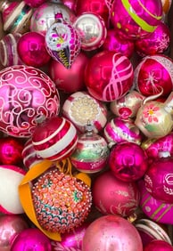 38 Mid Century Magenta, Hot Pink, Rose Pink Mercury Glass Christmas Tree Ornaments