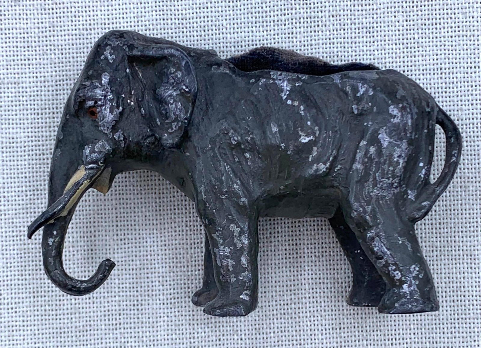 Antique Elephant Pin Cushion and Thread Caddie, Antique and Vintage Lace, Dress Trim & Buckles: * Antique Germany cast metal elephant pin cushion, 3 1/8" x 2 1/8" x 1 1/4"* Early metal 8 thread sewing caddy with center pin cushion, 3 3/4"* Yards and yards of glittering sequin tri