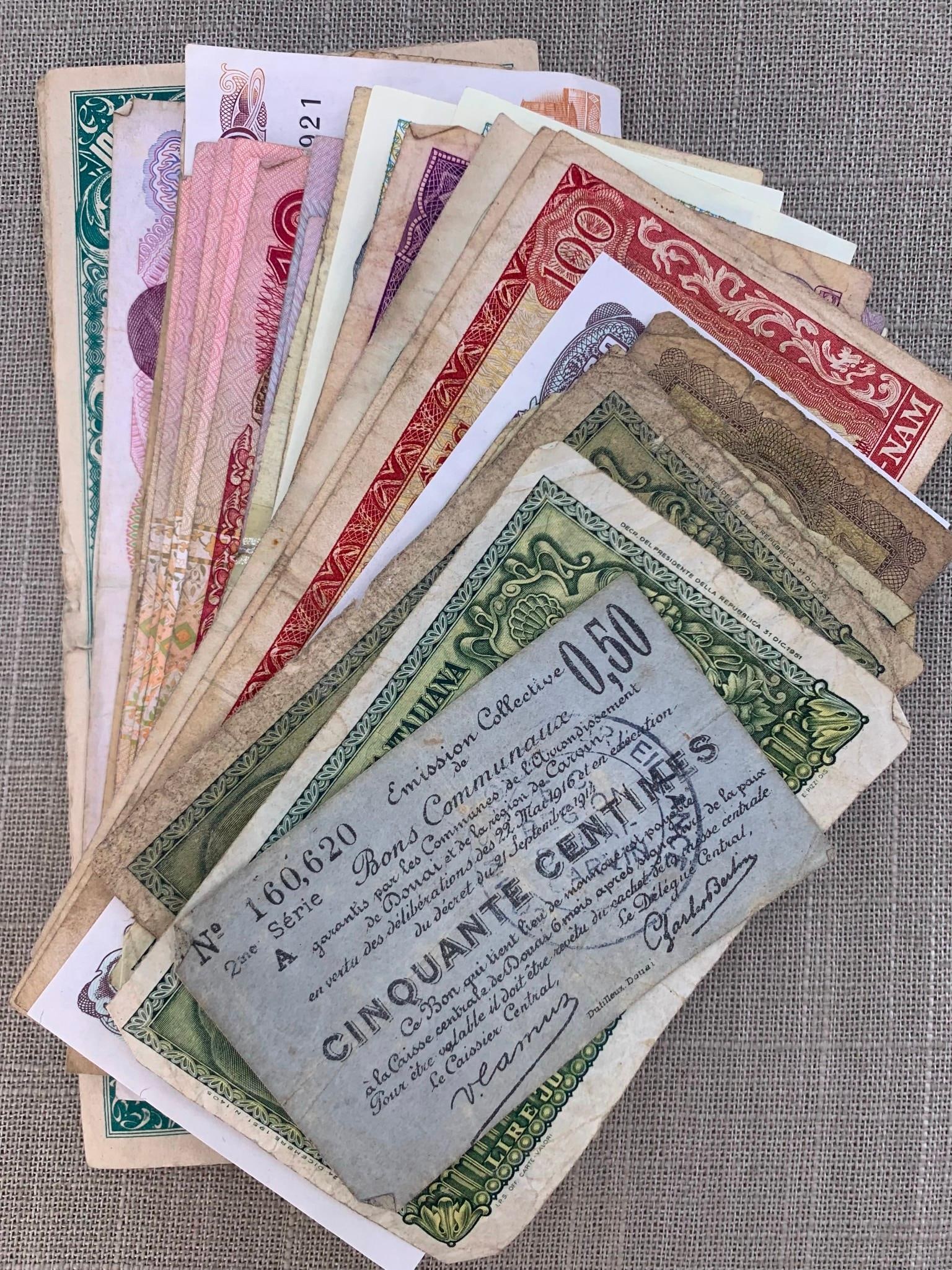 41 pc Antique to Vintage International Currency Paper Money Collection: Some Uncirculated bills, spanning over a century, from Greece, Italy, Poland, Malaysia, South Korea, Vietnam, Ceylon, Canada and France.