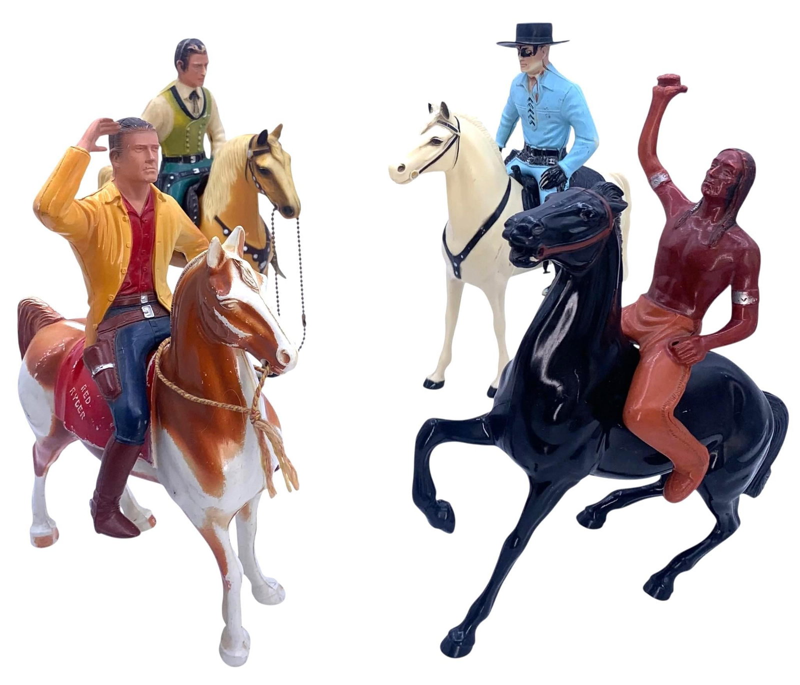Large Vintage 50s Hartland, Wells, Horse, Cowboy, Hoby Gilman, Indian, Gunfighter Wild West Toy Lot: 4 horses, 2 Indians, 5 assorted Cowboys/Gunslinger/Sheriff toys and a bevy of accessories. Hartland, Wells marked Horses, one with a ball chain rein and another with yarn reins, age appropriate wear t