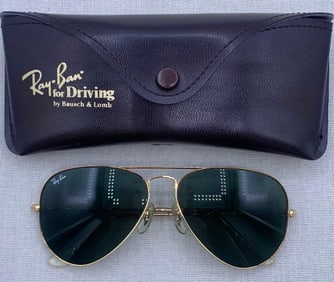Classic Vintage Ray-Ban G-15 Gray Green Lens Gold Frame Aviator Driving Sunglasses with Case