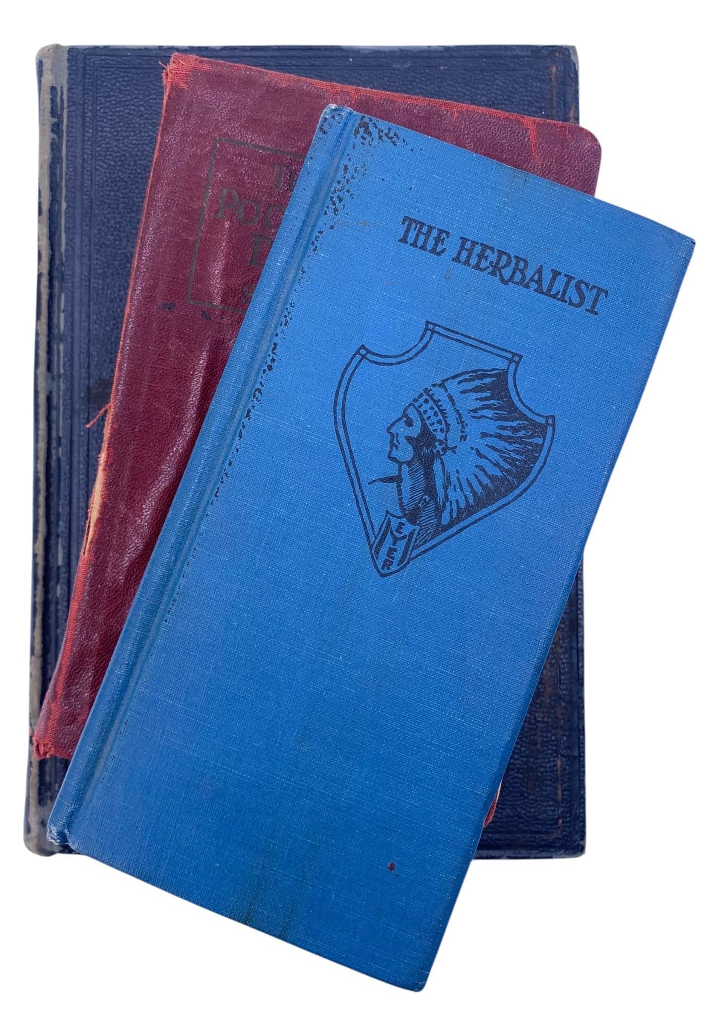 3 1930s Herbalist, Medical, Vintage Remedies Reference Books: 1) c1934 The Herbalist, 6 3/8" x 3 1/4" x 3/4", loosening to the binding at the front cover pages as shown, beautiful colored plates, natural health remedies2) c1938 The American Pocket Me