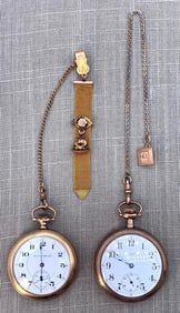 2 Antique 1906 Hampden Watch Co Model 4 & c1913 Illinois Model 7 Pocket Watches with Chains