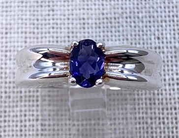 Lovely Oval Tanzanite Solitaire Sterling Silver Gathered Band Ring