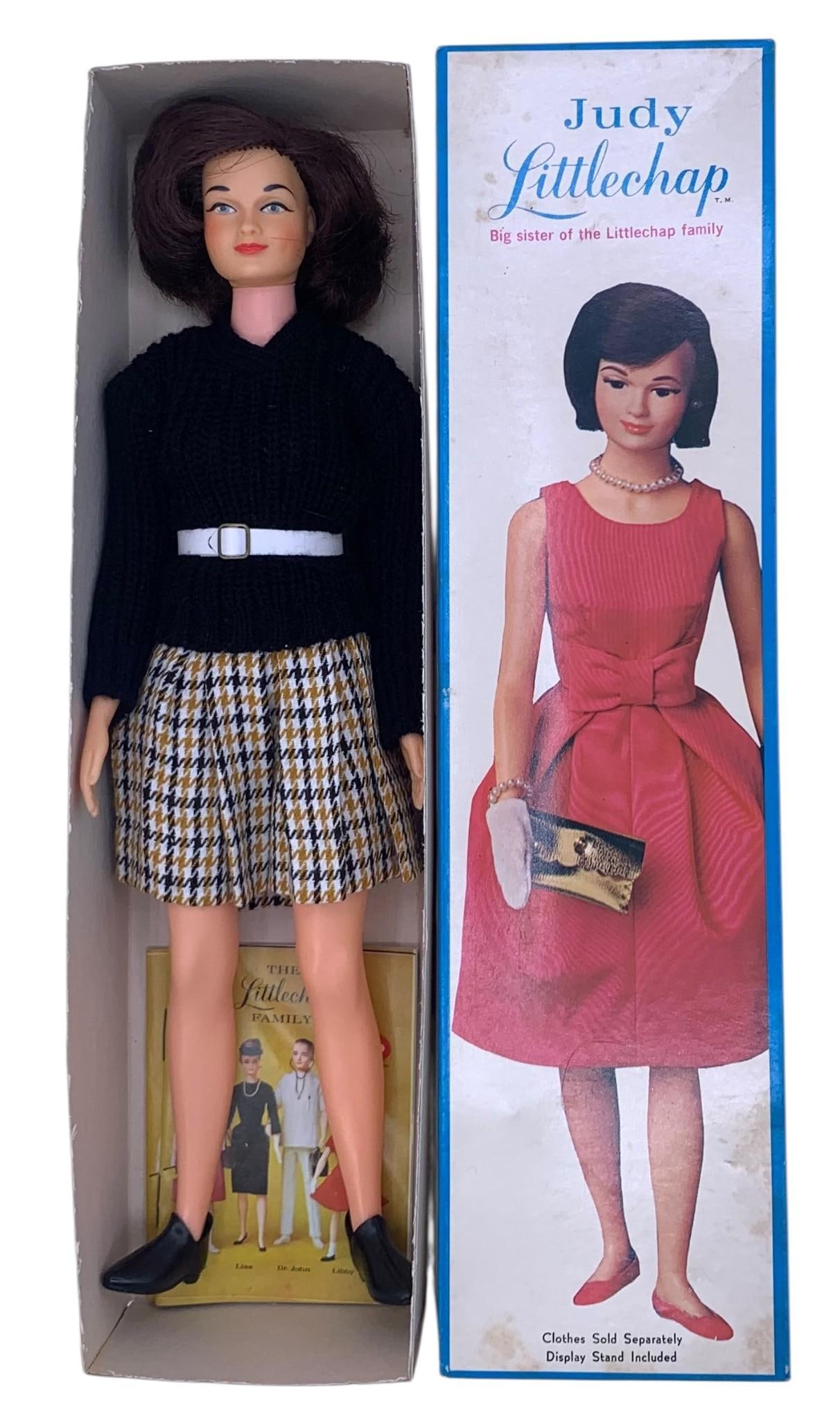 30 pc 1963 REMCO Judy Littlechap Fashion Doll, Clothing, Accessories and Box: Vintage ensembles and coordinating accessories, Remco Littlechap family pamphlet, 13 1/4" tall Judy Littlechap doll and a Judy Littlechap box.