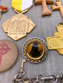 29 pc Vintage Catholic Papal Award, Madonna, Rosary, Crucifix, Sterling Holy Charms Collection