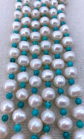 Divine 52 inch Circumference Creamy Freshwater Pearl & Turquoise Bead Necklace