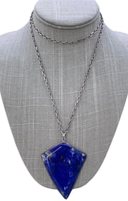 HUGE 69mm Lapis Lazuli Shield Shaped Pendant on 30 inch Italian Sterling Silver Link Chain
