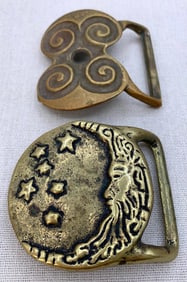 Pair 1970s Celestial Hippie D Laurie USA Embossed Brass Belt Buckles