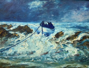 Vintage H C French Oil on Board Nautical Night Scene Maritime Boat Painting