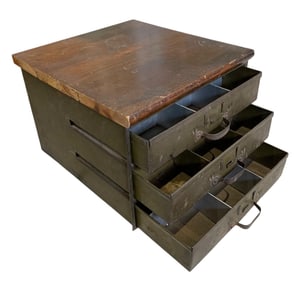 Vintage Army Green Metal 36 Divided Cubby 3 Drawer Wood Top Storage Cabinet