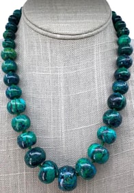 Superb Graduated Bead Polished Chrysocolla Sterling Silver Hand Knotted Necklace