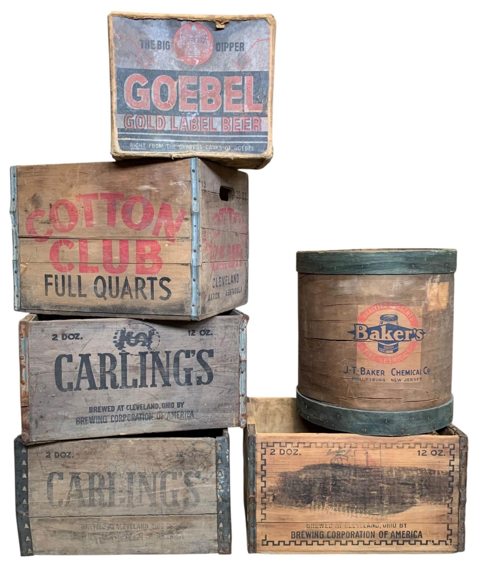 6 pc Cotton Club, Carlings Cleveland Wood Crates, Goebel Beer Paperboard Box, Bakers Chemical Drum: Endless Rustic shop decor and storage staging options with these vintage pieces..all with age appropriate wear, metal and wood crates (some from Cleveland OH), early paperboard beer box and curved woo