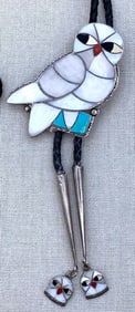 ANN SHEYKA Signed Zuni Inlaid White Snowy Owl Native American Artist Crafted Silver Bolo Tie