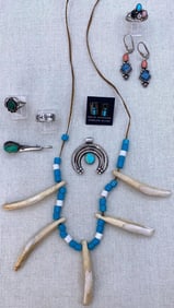 10 pc Native American Silver, Turquoise, Buffalo, Naja, Squash Blossom Petal, Jewelry Collection