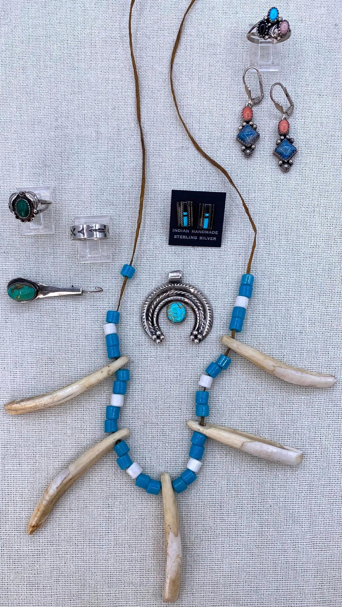 10 pc Native American Silver, Turquoise, Buffalo, Naja, Squash Blossom Petal, Jewelry Collection: * Vintage Navajo Naja pendant with large 10mm Turquoise, 9.8 gram weight, 35mm across the pendant* Southwestern Folk art Squash Blossom petal turned into a brooch with hook at one end, large turquoise