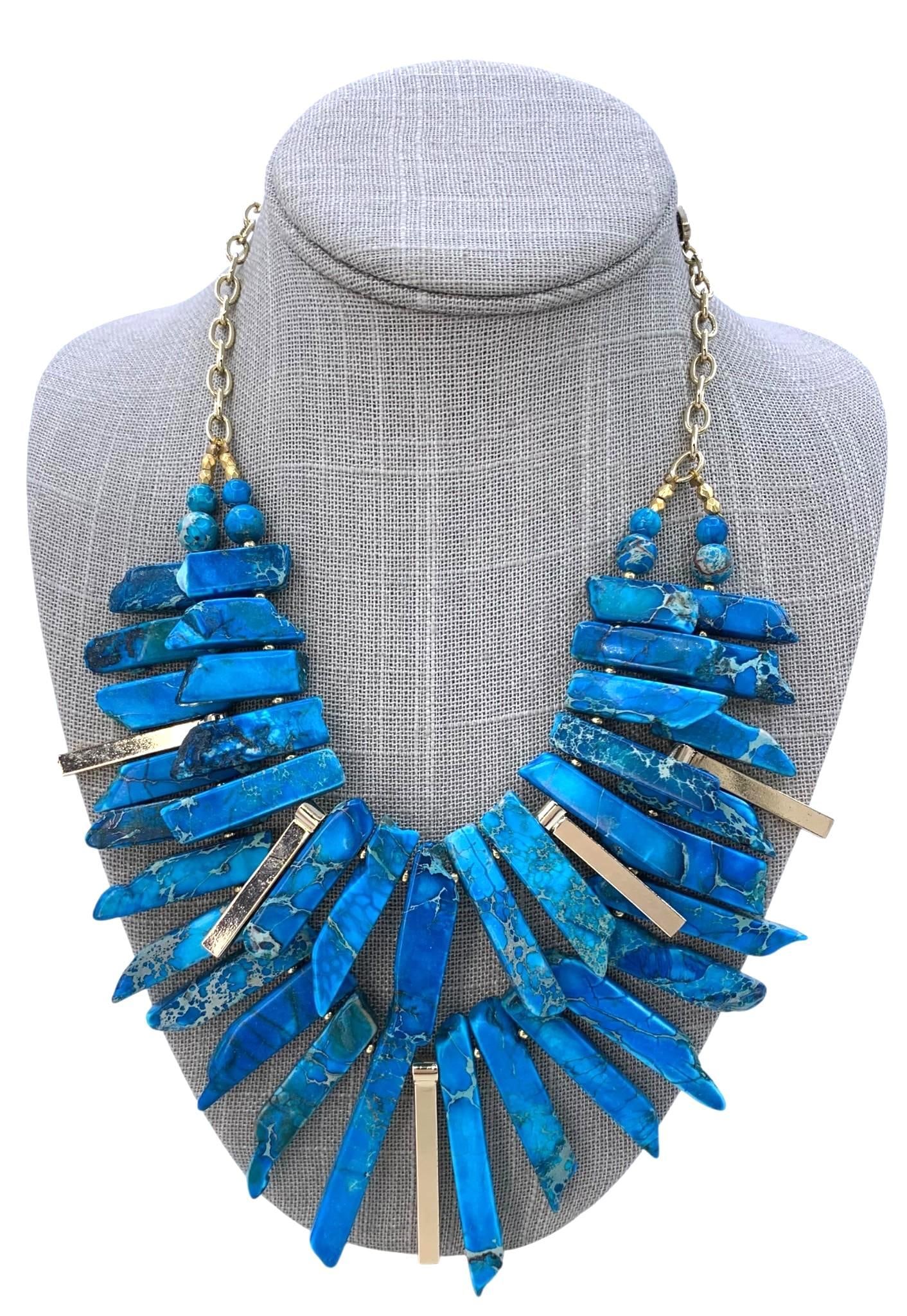 Dramatic Imperial Jasper Double Row Graduated Stick Statement Necklace with Storage Case: Superb in hue and design, accompanied by a 7 5/8" domed top velvet storage case, 18" to 20" circumference, gilded metal accents, working closure.