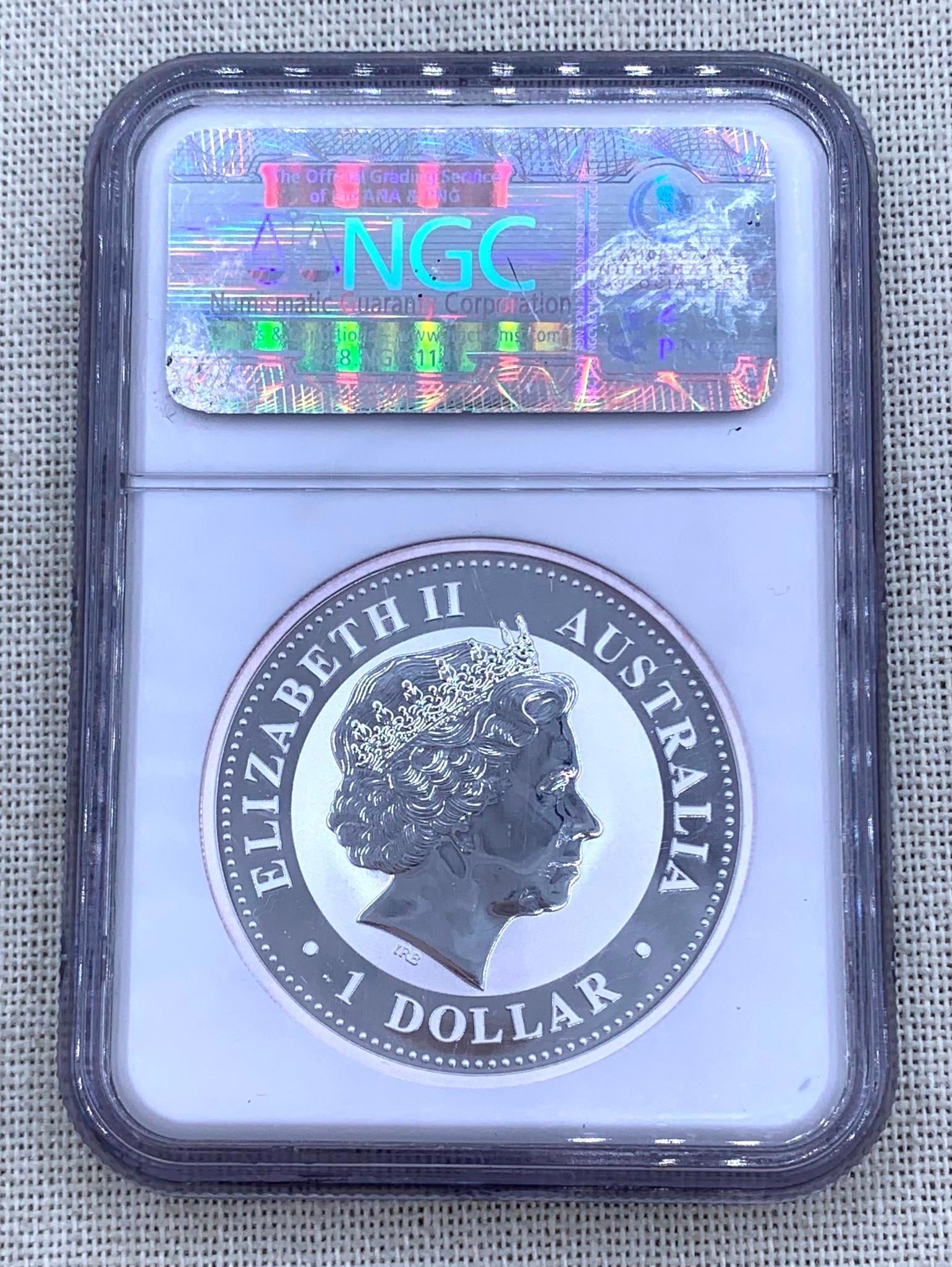 NGC Graded .999 Silver Ounce 2009 P Australian Kookaburra 1 Dollar Coin, Cased: MS 69, sealed in the NGC case, Brilliant Shine.