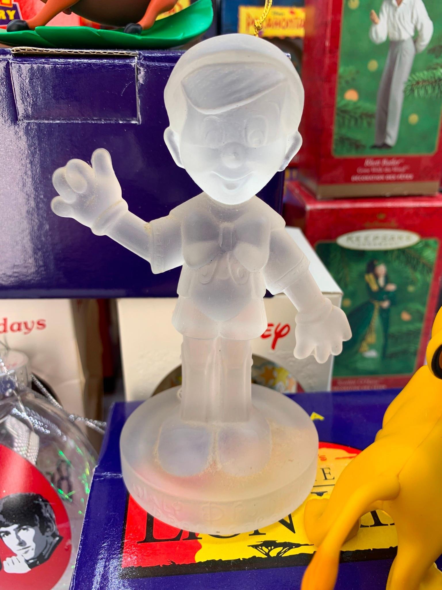 45 pc Vintage Disney Character, Hallmark Movie Star Christmas Tree Ornament, Collectibles Collection: 43 iconic Disney character, Hallmark Movie Stars, Santa, Three Stooges, and Beetles ornaments,1 collectible Disney glass and 1 frosted glass Pinocchio statue - all of the ornaments (and the drinking g