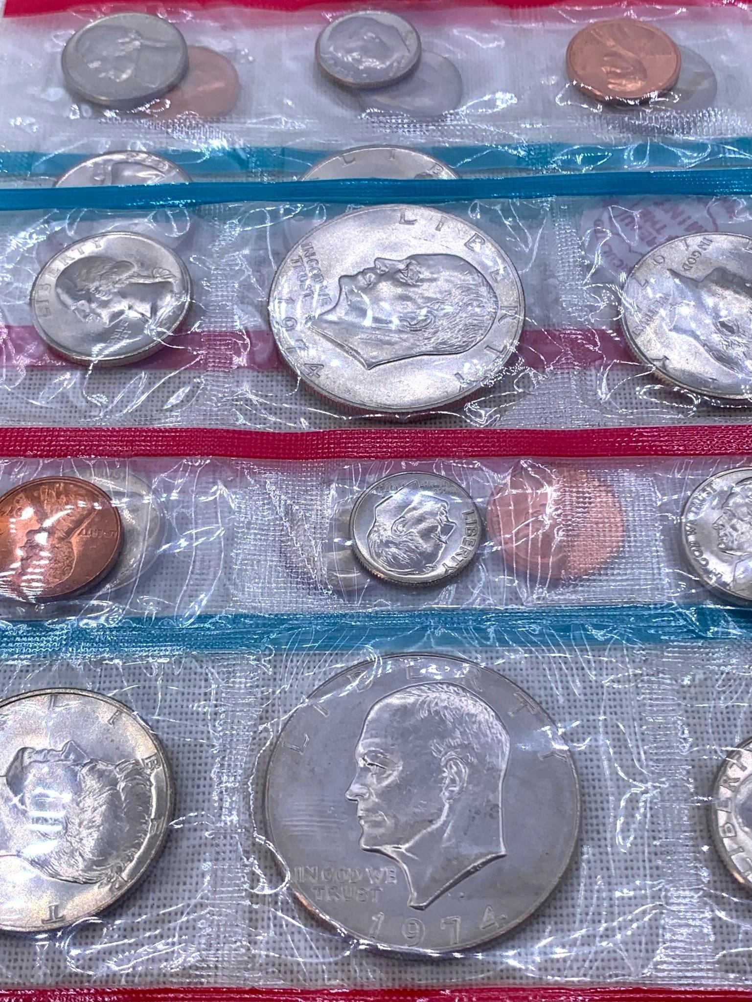 6 Sheets 1972, 1974, 1978 US Mint Uncirculated Coin Sets: Each remain in the factory cellophane.