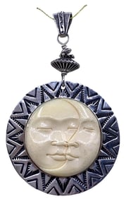 Bold Hand Carved Crescent & Full Moon Silver Pendant