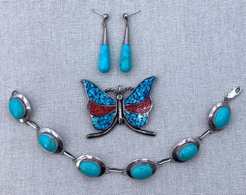 F Pete Sterling Turquoise Cabochon Bracelet, 925 Pendant Earrings, Large Sterling Butterfly Pendant