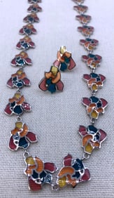 MMA Sterling Silver Plique-a-Jour Floral Glass Rose Necklace & Pierced Earring Ensemble