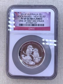 NGC Graded 1oz .999 Silver 2013 P Australia $1 Kookaburra High Relief Ultra Cameo 1/First 500 Coin