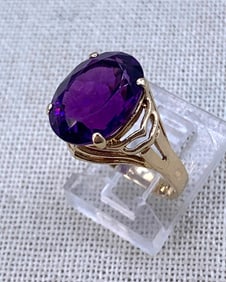 14k Yellow Gold Large Carat Amethyst Fancy High Rise Dinner Ring