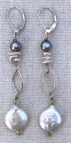 Sterling Silver, Cream Coin Pearls, Slate Gray Freshwater Pearl Dramatic Lever Back Dangle Earrings