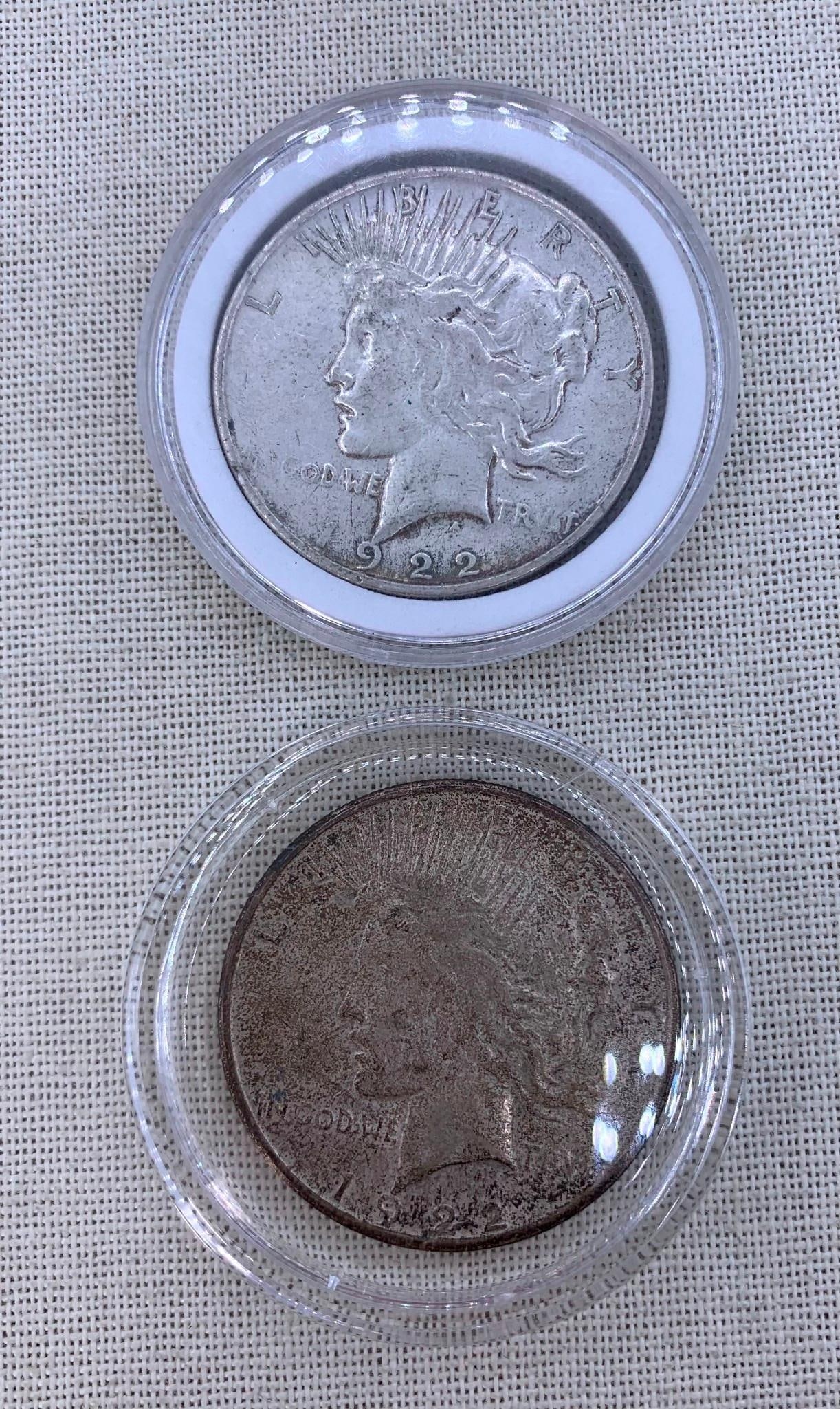 1922 D & 1922 S Peace Dollar, Pair of Antique Silver $1 US Coins: Both with clear coin cases, 1922 S has more patina.