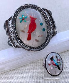Native American Crafted Cardinal Bird Inlaid Silver Cuff Bracelet & Ring