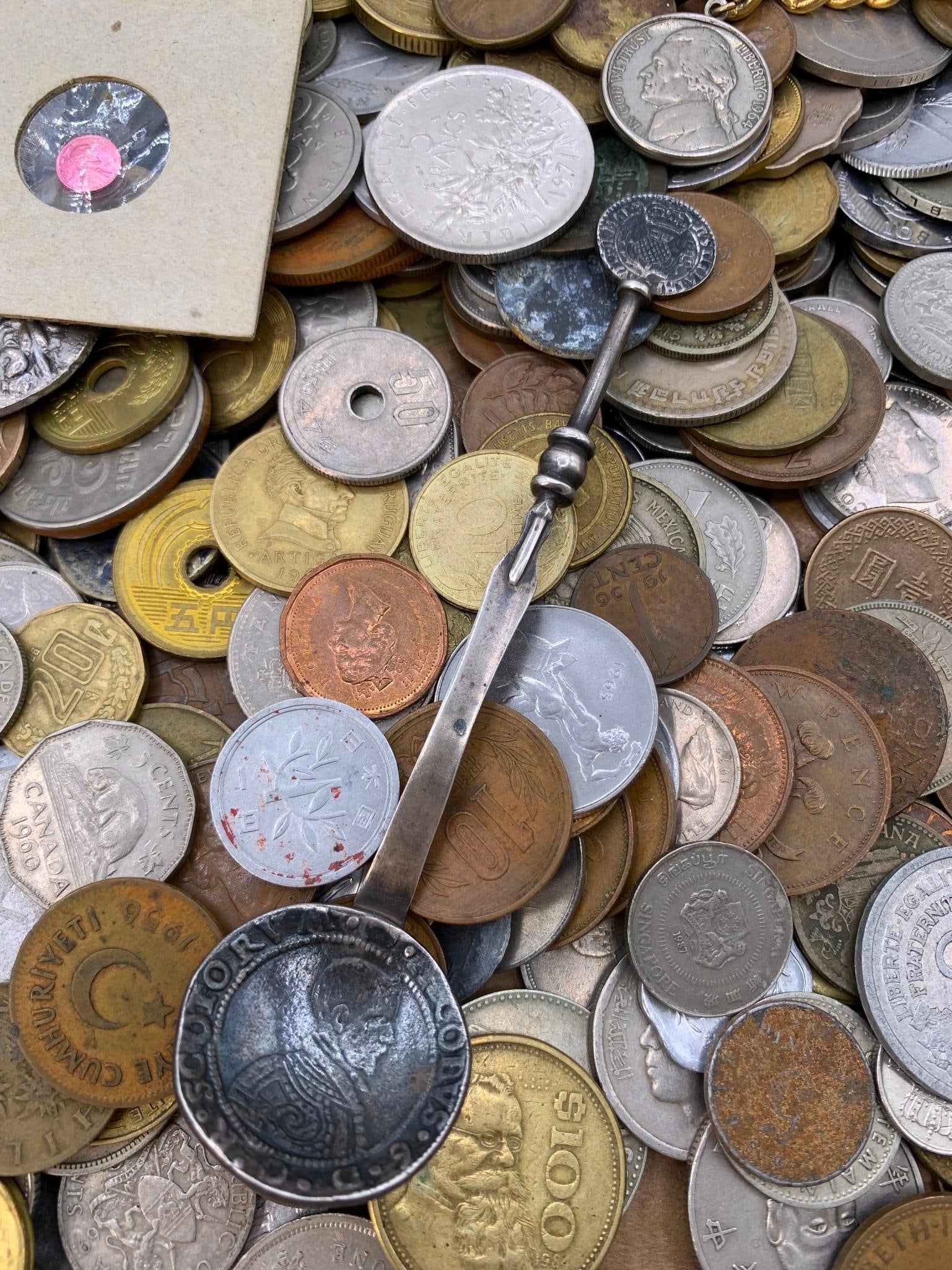 7.5 POUNDS US & Foreign Antique to Vintage Coins, 1598 Coin Silver Spoon, Coin Bracelet Collection: Miniature Lincoln penny in coin sleeve, vintage US coin bracelet, paper currency bill, a silver spoon made from 2 Stuart Scottish coins and a boat load of antique to vintage foreign and US coins.