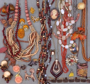 34 pc Frosted Apricot, Coral, Copper & Wood Vintage Jewelry Collection