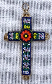 Large Vintage Italian Millefiori Micro Mosaic Inlaid Glass Cross Pendant