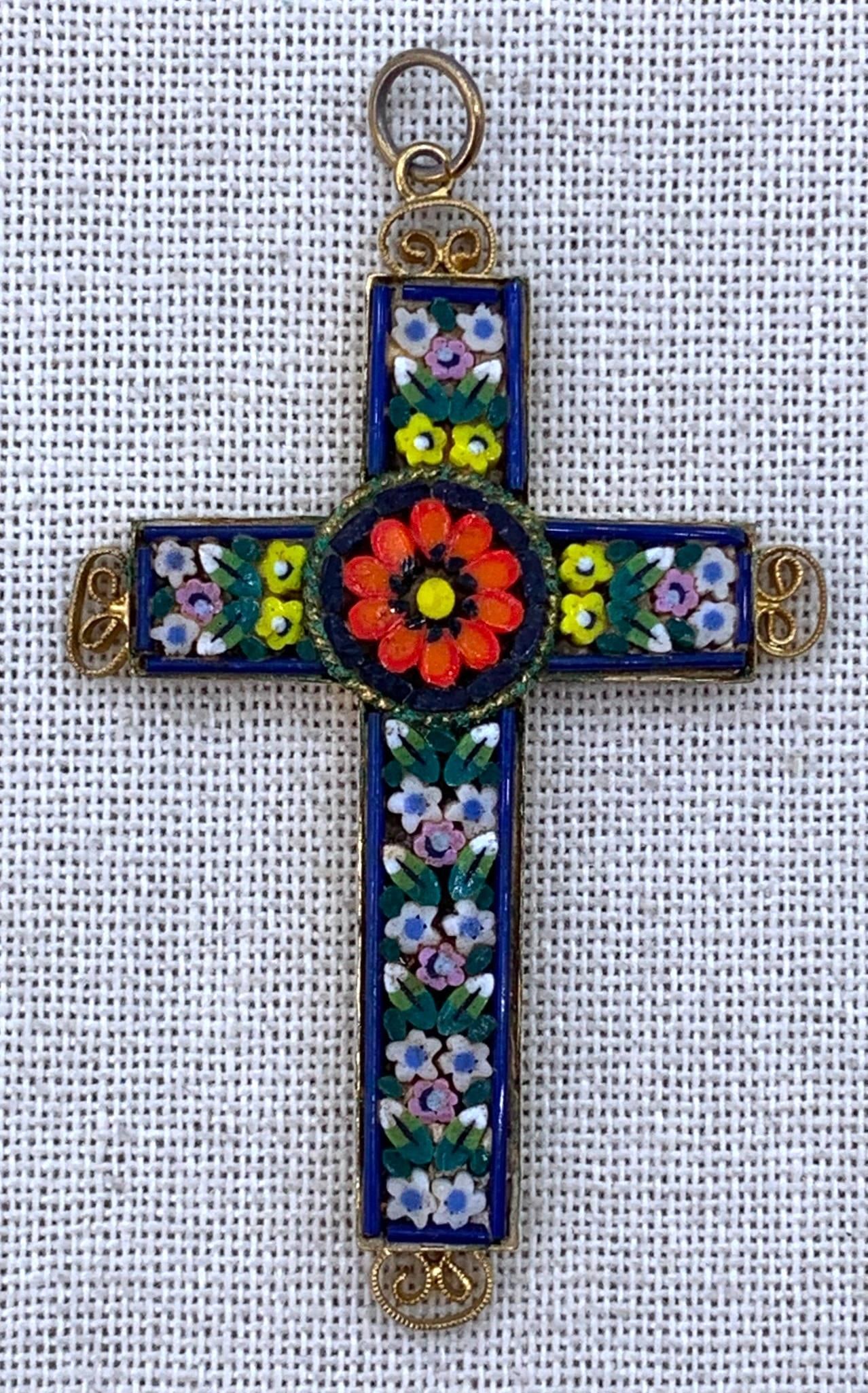 Large Vintage Italian Millefiori Micro Mosaic Inlaid Glass Cross Pendant: 2 5/8" x 1 3/4", Italy stamped into the gilded metal housing, petite inlaid floral glass, richly hued. 