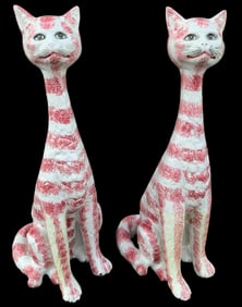 PAIR LARGE Mid Century Italian Sponge Painted Pottery Long Neck Striped Cat Sculptures