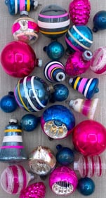 36 Mid Century Hot Pink, Azure & Silver Glass Christmas Tree Ornaments in Early Boxes