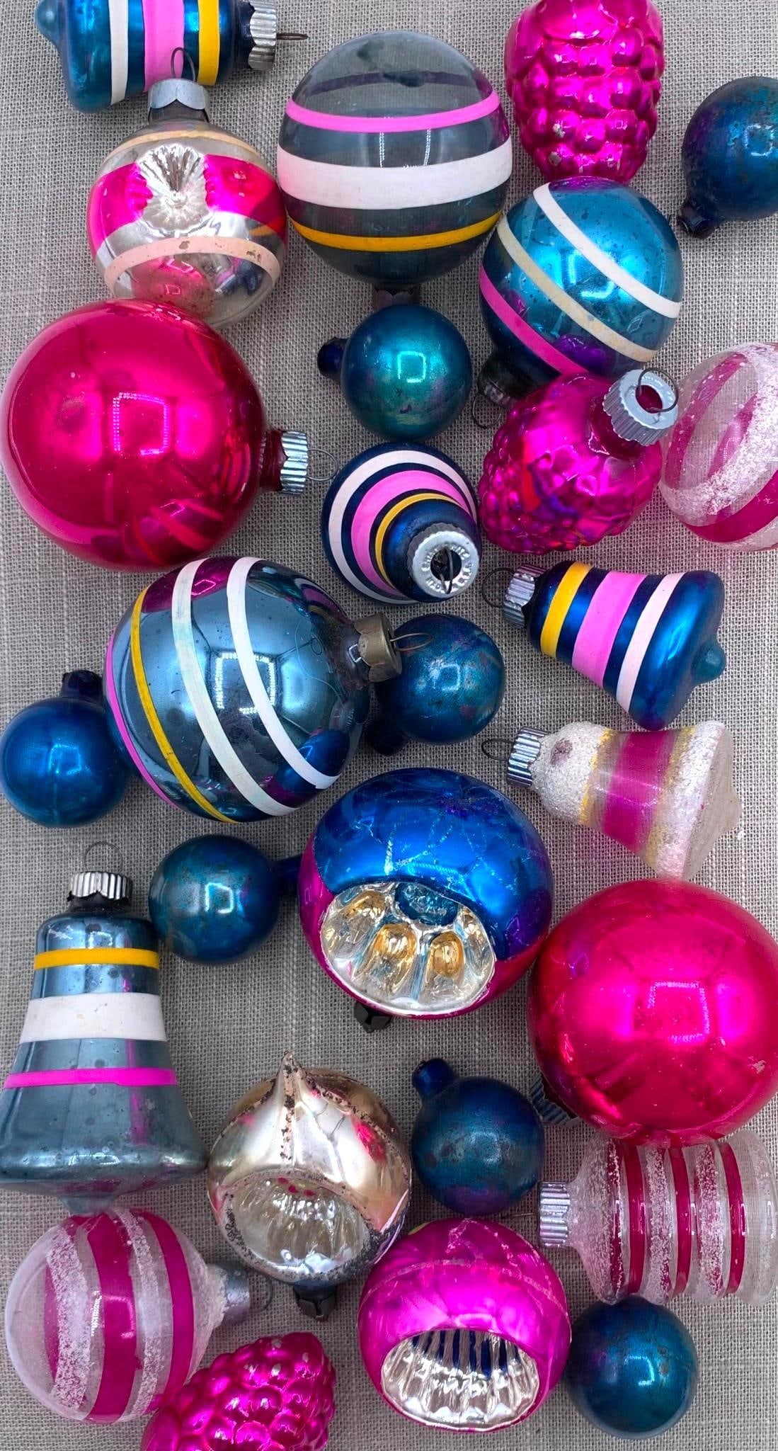 36 Mid Century Hot Pink, Azure & Silver Glass Christmas Tree Ornaments in Early Boxes: Fantastic variety of shapes and sizes, including 3 vintage boxes, indent, marquise, bell, grape, lantern, glittered and striped, petite metal hangers are underneath the 1 1/4" azure glass ball ornamen