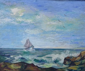 Original 1949 Artist Signed Nautical Coastal Ship Oil Painting