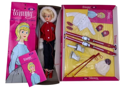 1963 IDEAL Tammy Fashion Doll, Ski Outfit, 1962 Skiing Accessories, Booklet & Box