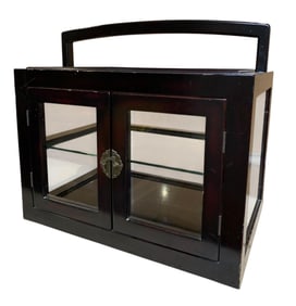 Exotic Oriental Black Lacquer Wood & Glass Double Door Showcase Display Cabinet